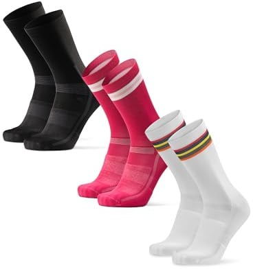DANISH ENDURANCE Wadenlange Fahrradsocken, Rennrad Socken, Herren & Damen, 3 oder 5 Paar, Mehrfarbig (1x Schwarz, 1x Pink, 1x Weiß), 43-47