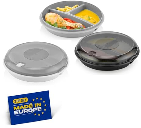 Winkly® MIKROWELLEN TELLER MIT DECKEL (3er SET) | LEICHTE BENTO-SCHÜSSEL IN SCHWARZ, GRAU & WEISS | 3 FÄCHER MIKROWELLENGESCHIRR BPA-FREI & STAPELBAR (MADE IN EUROPE)