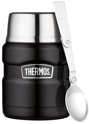 Thermos STAINLESS KING Thermobehälter für Essen schwarz matt 0,47l - Edelstahl, absolut dicht, hält Speisen 9h heiß & 14h kalt, mit klappbarem Löffel, BPA-frei