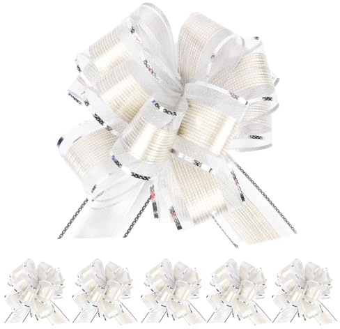 HOTUT Große Geschenkschleife, 6 Stück Geschenk Schleife mit Geschenkbänder, Ziehschleife ø 16 cm Dekoschleifen für Auto Dekor geschenkdekoration Hochzeit Geburtstag Weihnachten - Silber