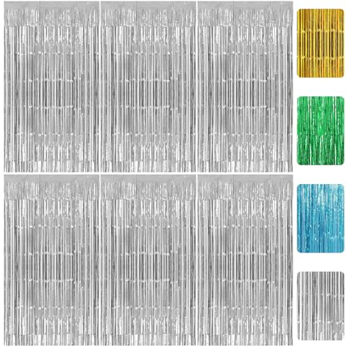 RUGLAMZHIP 6 Stück Lametta-Vorhang 1x2m Silber | Glitzerndes Metallic-Material, Als Fotohintergrund, Vielseitig Für Party, Geburtstag, Hochzeit Und Disco, Einfach Aufzuhängen