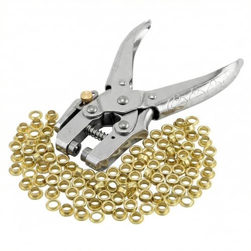QWORK® Ösenzange Set Lochzange mit 100 Ösen, 16cm ösenpresse, mit Ösen 5mm Nieten, Ideales Werkzeug für Leder, Stoff, Gürtel, Kleidung