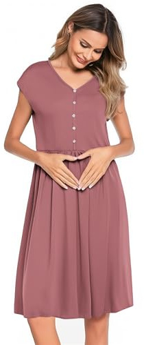 Weardear Stillnachthemd Damen Nachthemd mit Knöpfen Ärmellos Umstandskleid Nachthemden für Schwangere Rosa XL