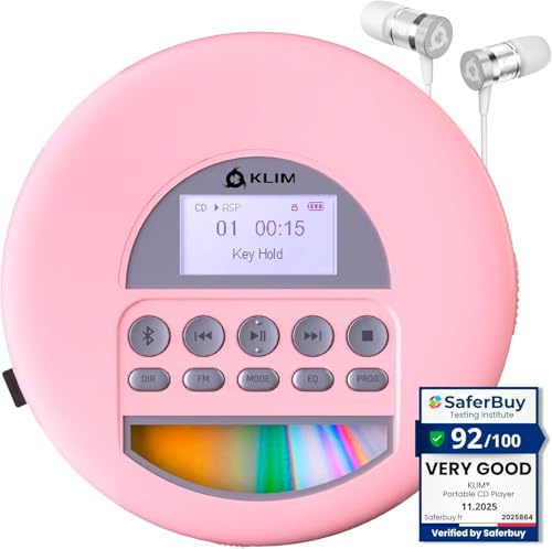 KLIM Nomad CD Player Bluetooth - Tragbarer CD-Player Discman mit langlebigem Akku - Inklusive Kopfhörer - CD-R, CD-RW, MP3 - Mit TF-Reader, Radio FM - Ideal für Autos