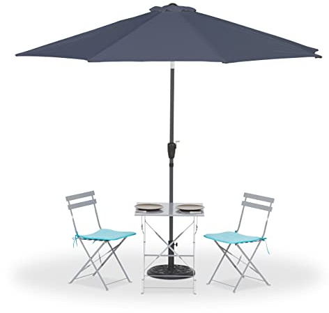 Relaxdays Sonnenschirm, Ø 300 cm, knickbar, anthrazit | mit Kurbel & Schutzhülle, runder Gartenschirm, Balkon, Terrasse