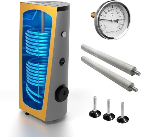 SUNEX Warmwasserspeicher 200L - Brauchwasserspeicher S2 mit 2 Wärmetauschern - für Solaranlage, Wärmepumpe und Kessel - Hochwertige Emaille 50mm PUR-Dämmung - inkl. Magnesiumanode & Thermometer