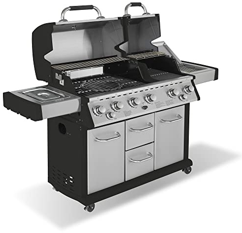 Justus 6-Brenner Gasgrill Mars Pro mit Seitenbrenner und Backburner – Edelstahl Grillwagen, 3-teiliger Gussrost mit Multigrid – 190 x 80 x 155 cm, Schwarz