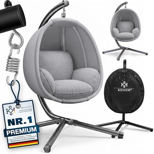 KESSER® Luxe Hängesessel mit Gestell + weiches Sitzkissen und Abdeckung, Seitenpolsterung, Rückenkissen Hängekorb Indoor & Outdoor, Garten Schaukel Hängestuhl Stabiler Standfuß, max. 150 kg Grau