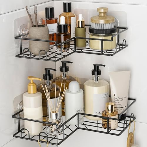 Diboniur Duschregal Ecke 2er Set ohne Bohren mit 8 Haken, Schwarz | Zwei Edelstahlablagen ohne Bohren, flexibel platzierbar und mit Ablauf, für Shampoo, Duschgel und Zubehör in Bad