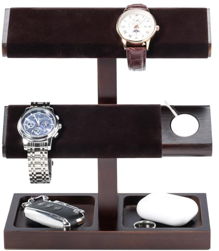 ProCase Uhrenständer, Uhrenhalter aus Holz Uhrenaufbewahrung Watch Stand, Uhrenständer T-Bar Display - 2 Etagen, Dunkelbraun