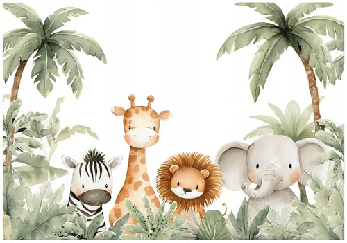 WallArena - Vlies Fototapete Kinderzimmer 350x250 cm Dschungel Tiere - Fototapeten Tapeten für Kinder Mädchen & Jungen - Kindertapete - Kinderzimmertapete weiß grün Wald
