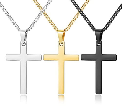 YADOCA 3 Stück Edelstahl Kreuzanhänger mit 50cm Halskette für Herren Damen Silber Gold Schwarz