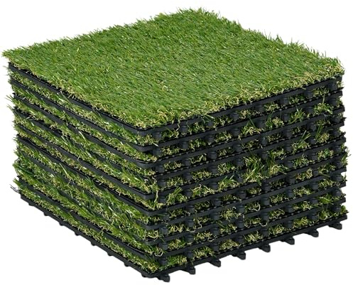 Outsunny Kunstrasen 10 Stücke Rasenteppich 30 x 30 cm Grasmatte künstlicher Rasen Rollrasen für Garten Balkon 25 mm Kunststoff Dunkelgrün