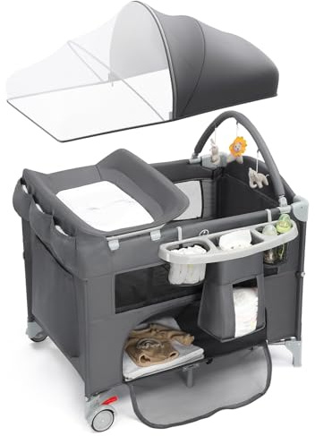LEADZM 5-in-1 Beistellbett, Reisebett, Babybett mit Matratze und Rollen, Wickelauflage, Aufbewahrungskorb, Moskitonetz und Reisetasche für Neugeborene bis Kleinkinder