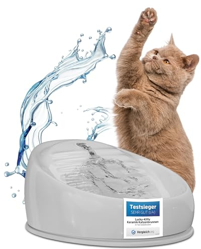 Lucky-Kitty Trinkbrunnen für Katze grau I Katzenbrunnen Keramik Handarbeit, hygienisch I Kein Aufladen, kein Filter-Tausch I Trinkbrunnen leise & energiesparend I Wasserspender Katzen plastikfrei
