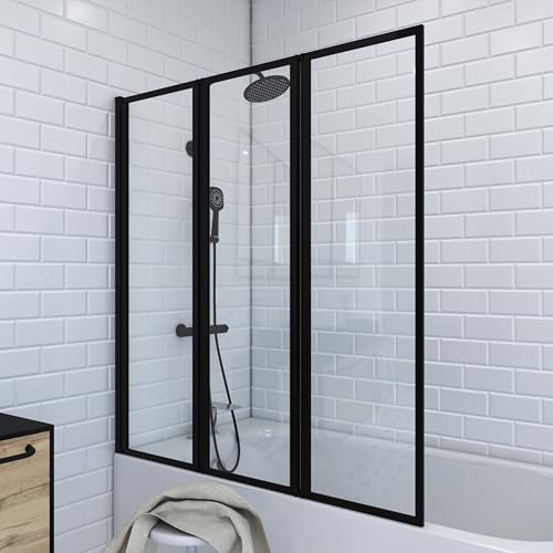 Marwell Badewannenfaltwand schwarz 3-teilig 125x143 cm, Schwenkbare Duschwand für Badewanne, 4 mm Sicherheitsglas, Aluminiumprofile ohne sichtbare Verschraubungen, beidseitig montierbar