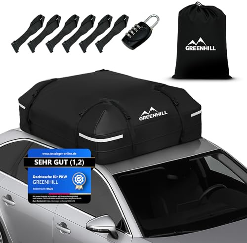 GREENHILL Auto Dachbox 410L Faltbar [Lackschonend], Dachgepäckträger wasserdicht, Dachtasche passend für alle Fahrzeuge