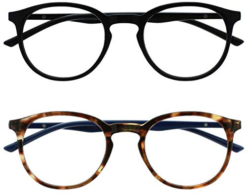 OPULIZE Met-Brille Blaulichtfilter 2er Pack Schlank Runder Rahmen Federscharniere Verbessert Schlaf Computerbrille Gaming Entspiegelt Schwarz Braun Herren Damen BB60-12 +0.00