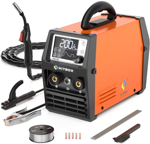 HITBOX Fülldraht Schweißgerät ohne Gas, 200A 230V Fülldraht Schweißgerät 4-in-1 Funktion Gasloses MIG-Schweissgerät/ARC/MMA/Lift WIG/Spool Feeder(HIM200)