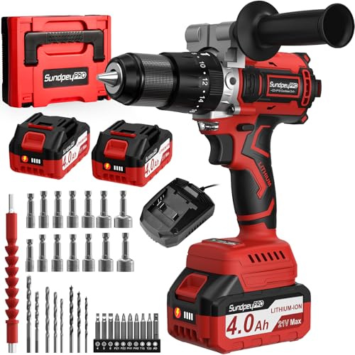 21V Akkuschrauber mit Schlagbohrfunktion - SundpeyPRO 120 Nm Bürstenloser Akku Bohrmaschine Set mit 2 x 4000mAh Akkus, 20+3 Drehmomentstufen Akku Bohrschrauber, 13mm Bohrfutter, 2-Gang, LED