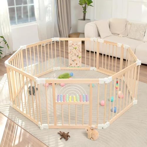 Baby Laufstall,Sicherer＆Stabiler Großes Faltbares Babys Laufgitter, Holz Laufstall, nachhaltiger Laufstall Fröhliche Krabbelbereich für 1-3 Jahren Babys＆Kleinkinder(146 * 146 * 61CM)