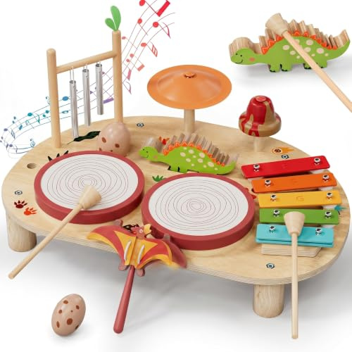 Lehoo Castle Dino Schlagzeug & Xylophon Holz Kinder Musikinstrumente Tisch | 8 IN 1 Montessori Instrumente mit Xylophon Trommel, Baby Musik Spieltisch, FSC Holz Lernspielzeug, Junge Geschenk 1-3 Jahre