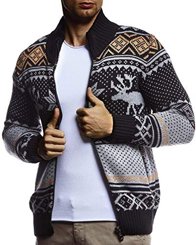 Leif Nelson Herren Strickjacke mit Stehkragen Norwegerjacke Schwarze Winterjacke warme Freizeitjacke Männer Jacke für Weihnachten Winter Norweger Muster Grobstrick Slim Fit LN20759