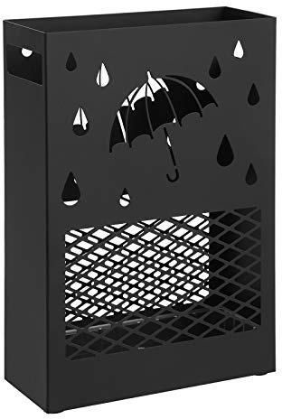 SONGMICS Regenschirmständer aus Metall, Schirmständer, rechteckig, mit einer herausnehmbaren Wasserauffangschale, 4 Haken, Cutout-Design, für den Flur und das Büro, schwarz LUC004B01