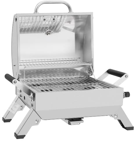 Royal Gourmet Edelstahl Tragbarer Gasgrill, Compact Tischgrill mit Zwei Griffen und Reiseschlössern, Klappbaren Beinen, 3 kW BBQ Campinggrill für Balkon, Picknick Silber