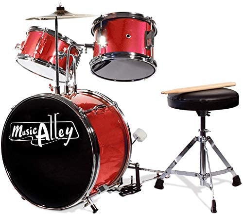Music Alley 3-teiliges Kinderschlagzeug, Junior Akustik-Drumset für Anfänger mit Hocker, Becken, Pedal und Drumsticks, Rot