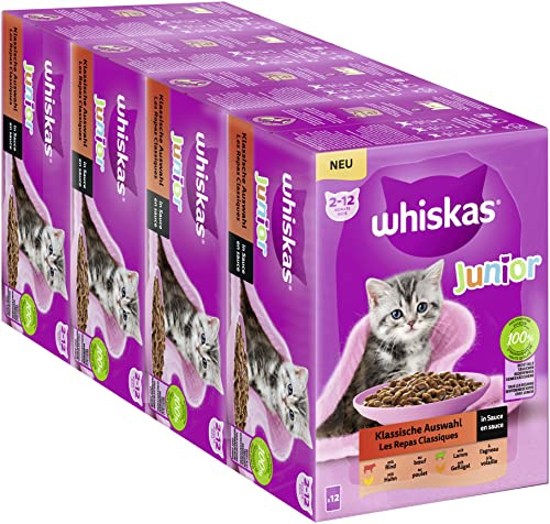 Whiskas Junior Katzennassfutter Klassische Auswahl in Sauce, 48 Portionsbeutel, 12x85g (4er Pack) – Hochwertiges Katzenfutter nass, für heranwachsende Katzen von 2 bis 12 Monaten