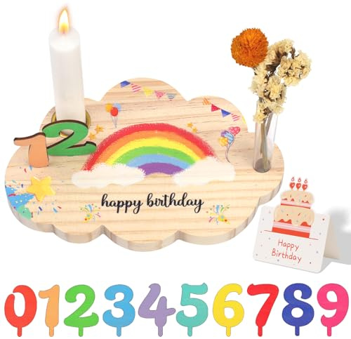 PAPAcroscoma Geburtstagsteller Holz, Regenbogen-Geburtstagskranz mit Kerzenhalter, Kunststoffröhren-Vase und Jahreszahlen 0–9, Dekoration, Geburtstagsgeschenk für Jungen, Mädchen und Erwachsene