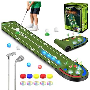 TERRAMUS Golf-Puttingmatte für Kinder, 2,4 m großes Putting Green mit LED-beleuchteten Löchern,Bällen,2 Schlägern,Spielzeug-Golfspielset,Golfmatten für drinnen und draußen,Sport Geschenk für Kinder
