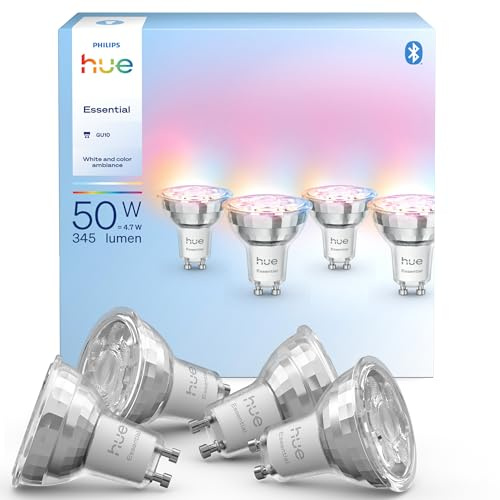 Philips Hue Essential Smart LED GU10 Spotlight, 4er Pack | White and Color Ambiance 2200 - 6500 K, 4,7 W, 345 lm Energiesparlampe, Dimmbar, App- und Sprachsteuerung, Smart Home
