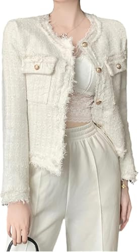 Suncadmious Damen Plaid Tweed Blazer Open Front Kragenlose Blazer Elegante Arbeit Cropped Jacke Mantel