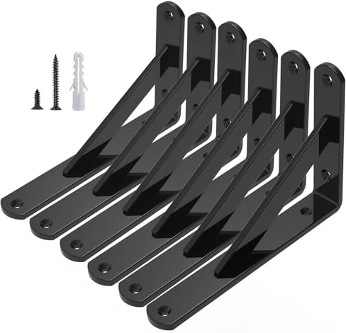 6er-Set Stabile Dreieckige Regalhalterungen aus Stahl (255 x 150mm) in Schwarz - Metall Schwerlast Regalwinkel Winkelträger mit Befestigung, 25.5 x 15cm Regalträger