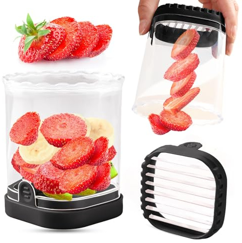 Obstschneidebecher, Erdbeerschneider, Bananenschneider, Traubenschneider, Eierschneider, abnehmbare Klingen, Obstschneider mit Druckplatte, kreativer Küchenhelfer (Schwarz)