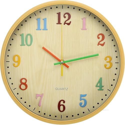 WUWEOT Wanduhr Kinder Lautlos 30cm Modern Quartz Wall Clock für Jungen und Mädchen Farbenfrohe Wanduhr mit Arabisch Ziffer für KInderzimmer Klassenzimmer Schule Rund Gelb