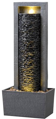 Teamson Home Garten Outdoor Brunnen Hoher Wasserfall mit warmen LED-Lichtern, Layered Rock Design, Robustes Polyresin, dunkelgraues Finish