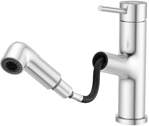 HURRAN Ausziehbare Wasserhahn Bad, Einhebelmischer für Waschbecken, Niedrig Waschtischarmatur mit 2 Strahlarten, Edelstahl, Gebürstetes Nickel