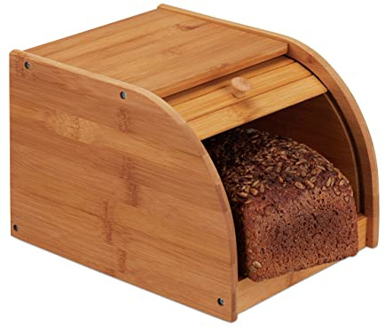 Relaxdays Brotkasten Bambus, rollbare Frontklappe, aromadichte Brotaufbewahrung, Rollbrotkasten, HBT: 18x20x27 cm, natur