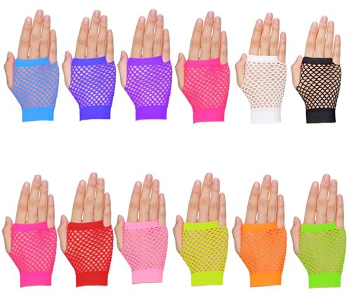 HekouJiub 12 Paar Neon Netzhandschuhe Damen Fischnetz Handschuhe Kurz Halloween Netzhandschuhe Vintage 80er 90er Jahre Mesh Fingerlos Handschuhe für Karnevals Weihnachten Party Rave Outfit