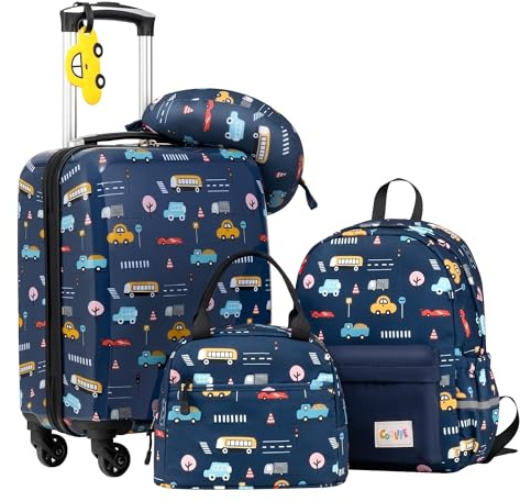 COOLIFE 5tlg Kinderkoffer mit Rucksack, Hartschalen-Trolley Handgepäck | Kinder Kofferset für Jungen & Mädchen, Reise, Urlaub, Kita – leicht Kindergepäck inkl. Lunchtasche, Nackenkissen, Anhänger