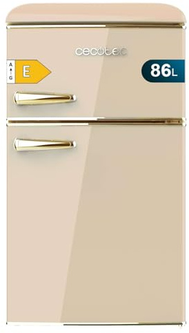 Cecotec Kleiner Kühlschrank - 2-türiger Kühlschrank - Retro 86L Bolero CoolMarket 2D Origin 86 Beige E. 89,3cm Höhe und 48,7 cm Breite, Energieklasse E, Eisfach, Innenbeleuchtung und Chromgriff, Beige