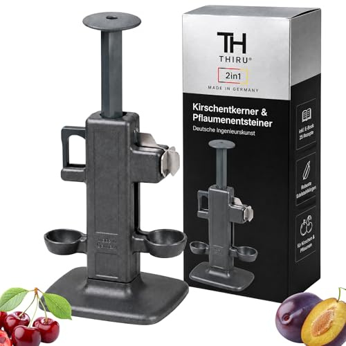 Thiru Premium Kirschentkerner Pflaumenentsteiner - Kombigerät für Pflaumen und Kirschen - Robuste Edelstahlklingen - Made in Germany - inkl. E-Book mit 25 Rezepten - zerdrückt die Frucht nicht