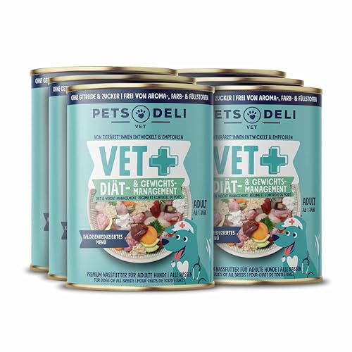 Pets Deli Vet Diät & Gewichtsmanagement Hunde Nassfutter Huhn, Karotte & Quinoa, kalorienreduziert zur Gewichtskontrolle, für übergewichtige Hunde, getreidefrei, ohne Zucker, 6x400g, Premium Qualität
