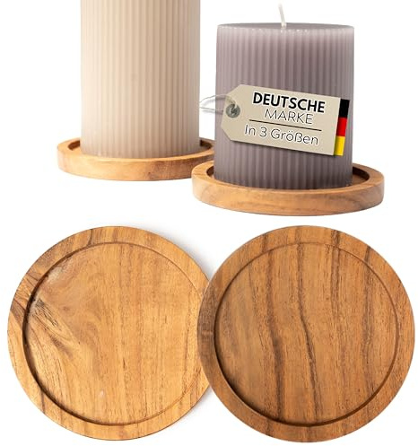 Plogis Kerzenteller - 2er Set Akazie Untersetzer für Kerzen bis 8 cm Durchmesser/Kerzenuntersetzer Holz Rund für Stumpenkerzen Taufkerzen Unterteller Kerzen Teller/Kerzenhalter Holz 6cm 7cm 8cm