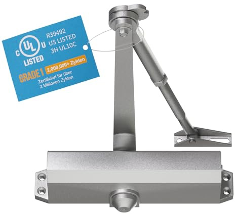 Türschließer Automatischer mit Feststellfunktion, Obentürschließer Hydraulischer Stufenlose Kraftregulierung EN1-EN6 für Innentür & Außentür, BACKCHECK für Kommerziell & Residential, 3H Fire, Silber