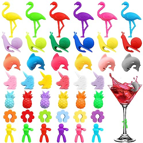 Lets Joy Glasmarker, 42 Stück Glas Markierung, Wein Marker Trinkgläser, Bunte Glas Markierung Weinglasmarkierer, Wiederverwendbarer Gemischter Farbbecher Charm, Party Hochzeit Bar Tassen, Trinkglas