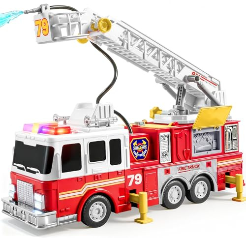 JOYIN Groß Feuerwehrauto Spielzeug ab 2 3 4 Jahre, mit 83 cm Leiter, Spielzeugauto, Feuerwehr, Eektrischen Knöpfen, Lichtern, Sirenen, Drehbarer Schlauchtrommel und Abnehmbarer Wasserpumpe